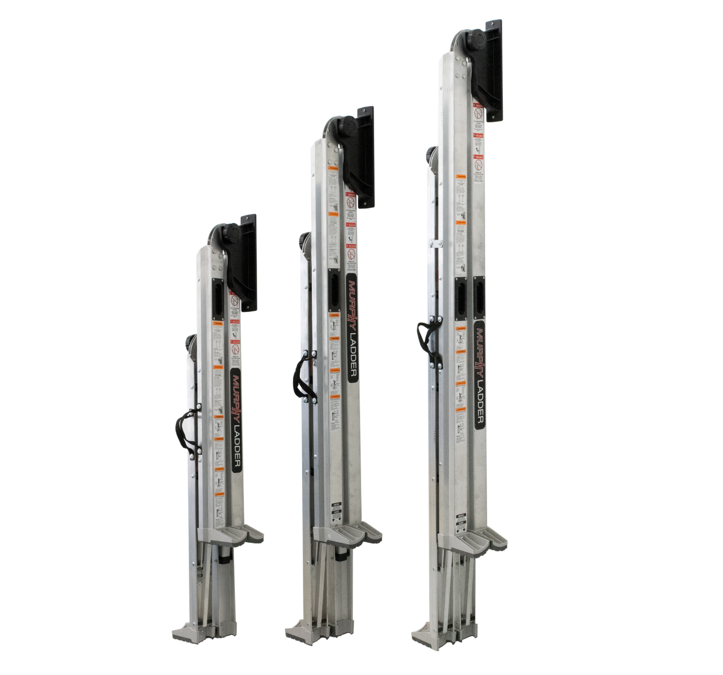 Murphy Door® aluminum extension ladders in three different heights, featuring safety rails, adjustable feet, and folding mechanisms.