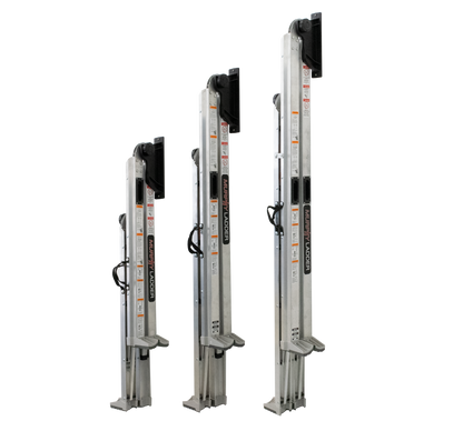 Murphy Door® aluminum extension ladders in three different heights, featuring safety rails, adjustable feet, and folding mechanisms.