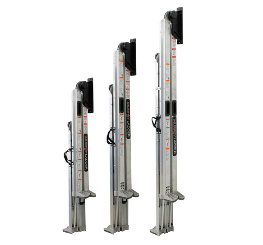 Murphy Door® aluminum extension ladders in three different heights, featuring safety rails, adjustable feet, and folding mechanisms.