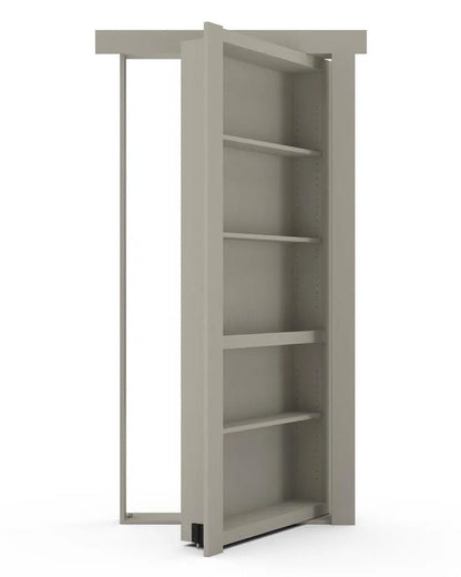 Murphy Door® beige bookshelf hidden door with five adjustable shelves, shown in partially open position revealing door mechanism.