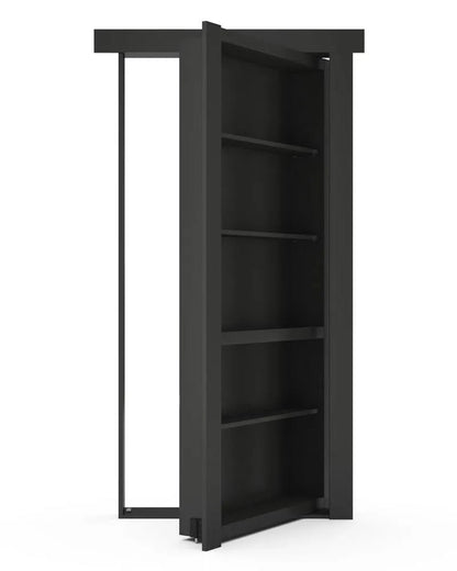 Murphy Door® black bookcase hidden door with five shelves, partially open to reveal secret room entrance.