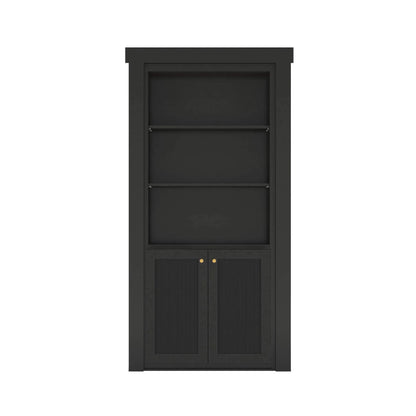Murphy Door® black bookcase hidden door with three shelves and cabinet storage featuring elegant brass knob accents.
