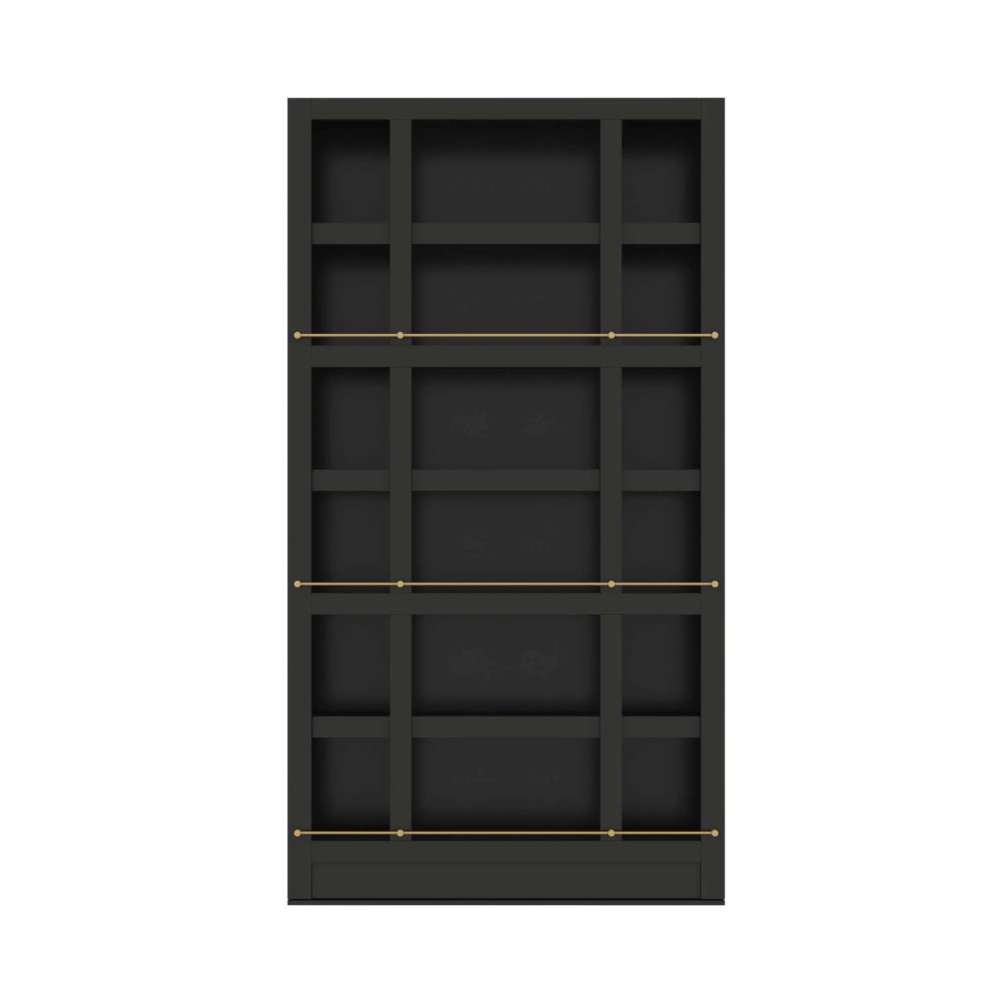 Murphy Door® black bookshelf with gold rails featuring grid-style compartments and sleek modern design for stylish storage solutions.