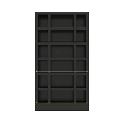 Murphy Door® black bookshelf with gold rails featuring grid-style compartments and sleek modern design for stylish storage solutions.
