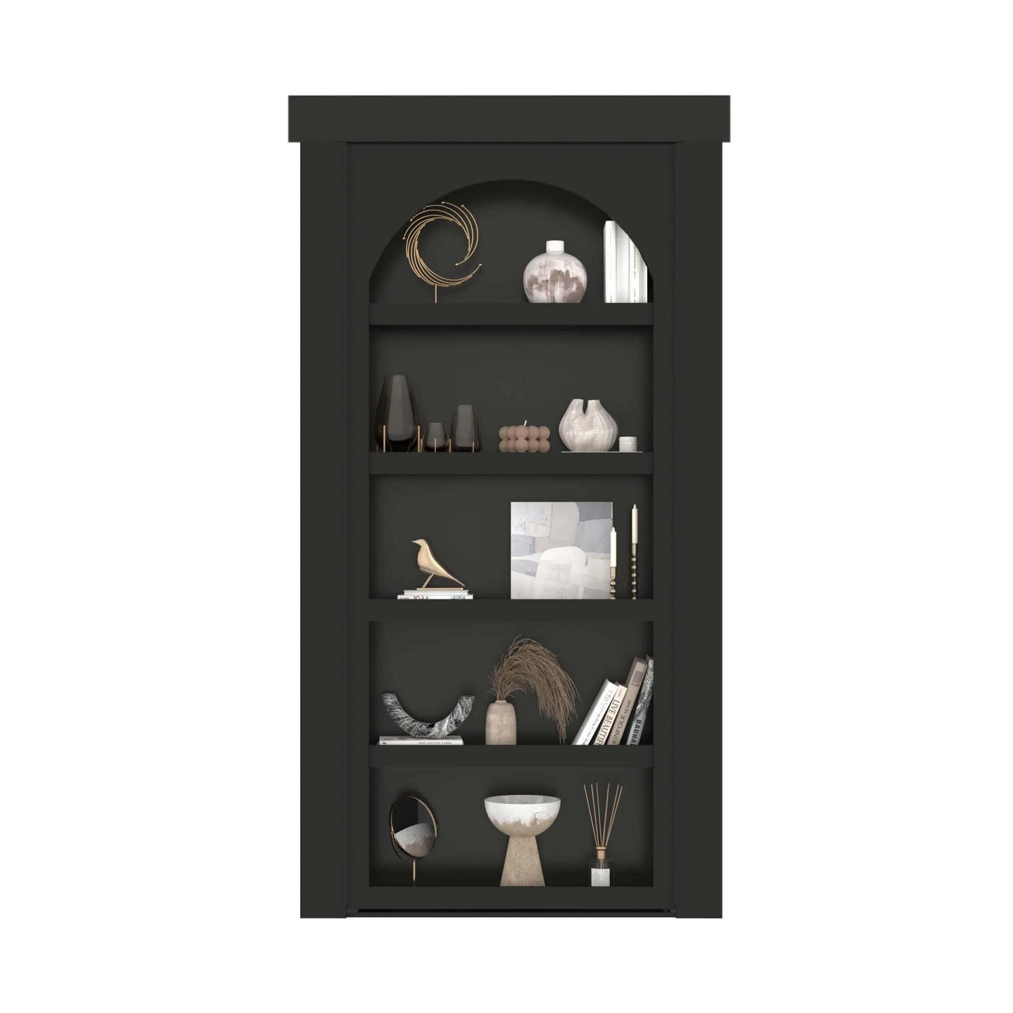Murphy Door® black bookshelf with decorative items, featuring five shelves displaying vases, art objects, and books in minimalist style.