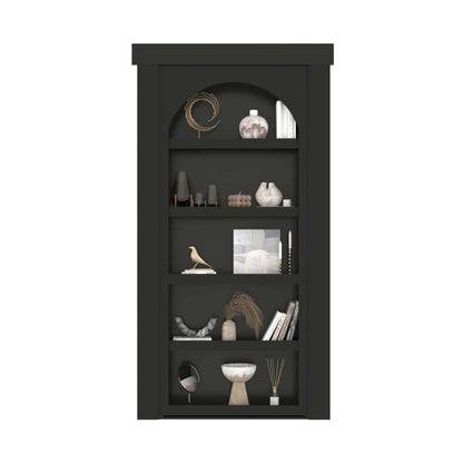 Murphy Door® black bookshelf with decorative items, featuring five shelves displaying vases, art objects, and books in minimalist style.
