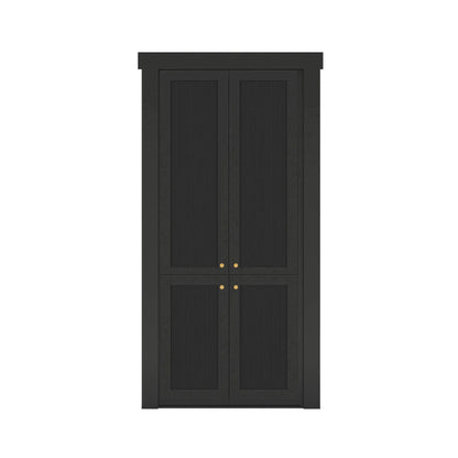 Murphy Door® black cabinet with four panels, textured inserts, and brass knobs, designed as a stylish hidden door solution.