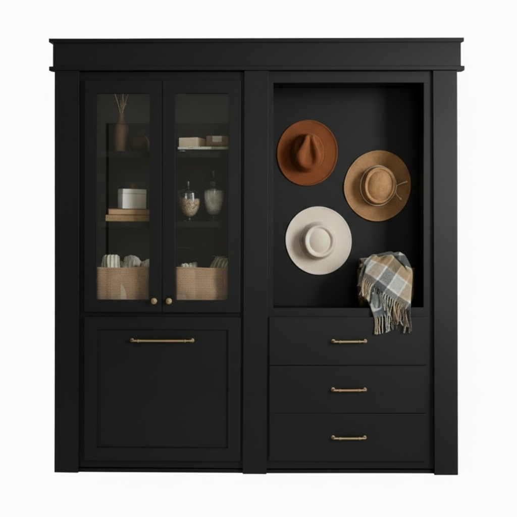 Murphy Door® black hidden storage cabinet: glass-front upper doors, lower panel door, open shelf with hats, 3 drawers.