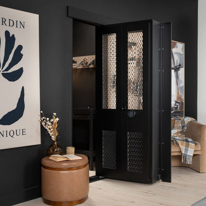 Murphy Door® black metal hidden door with mesh panels and digital lock, featuring elegant design in modern interior with tan ottoman.