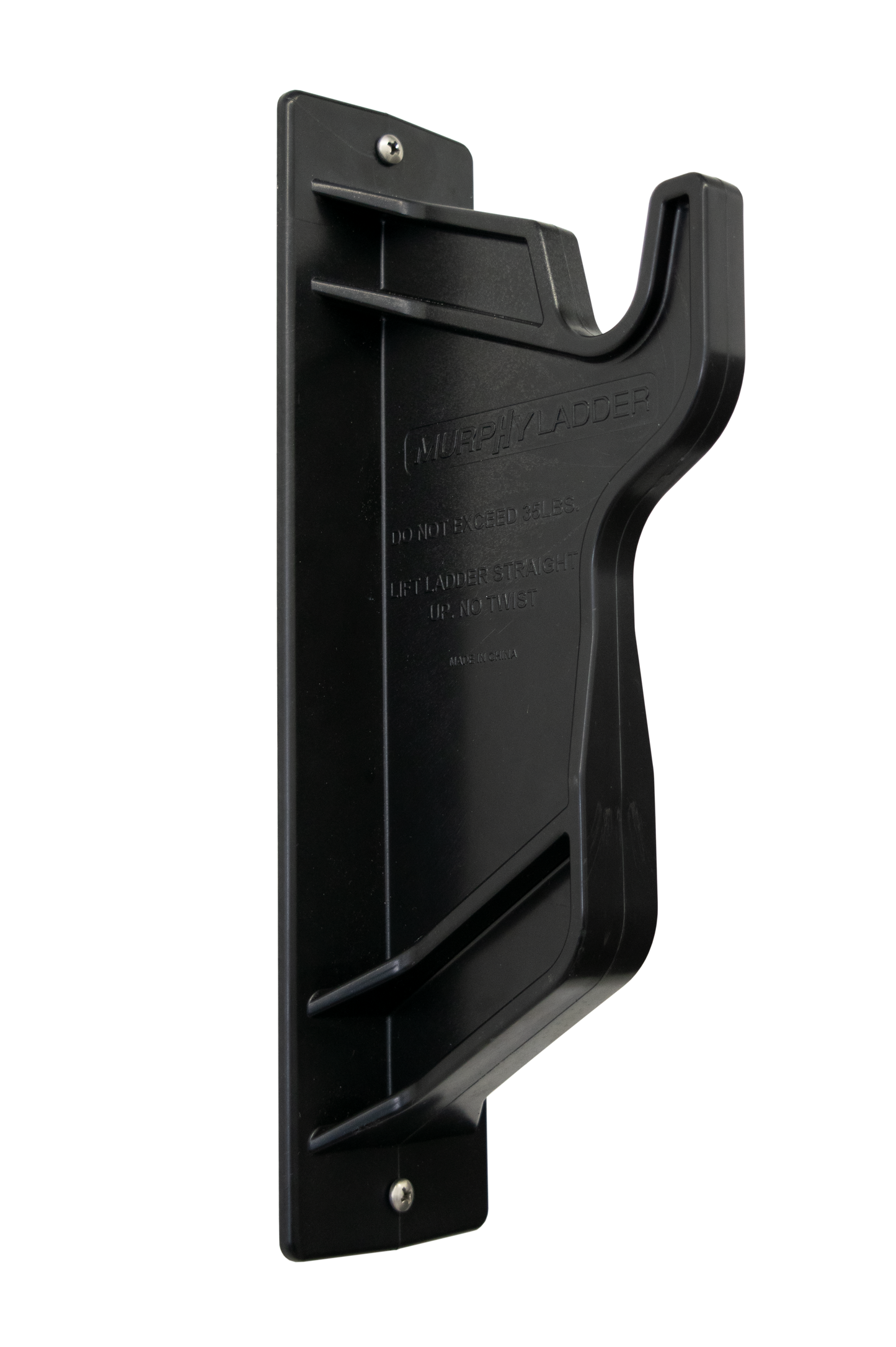 Murphy Door® black plastic Murphy Ladder wall-mount storage hook with engraved safety warnings.