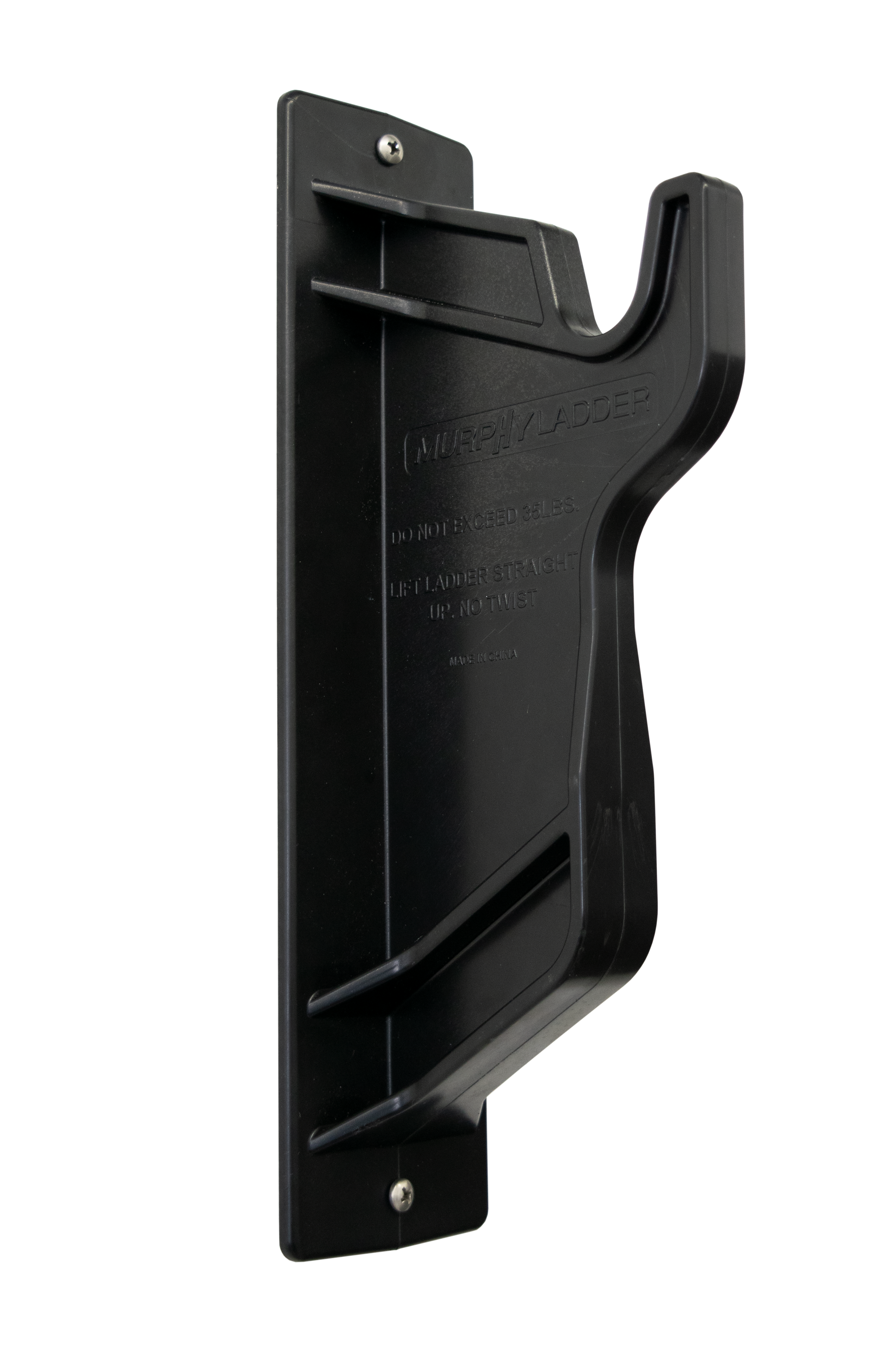 Murphy Door® black plastic Murphy Ladder wall-mount storage hook with engraved safety warnings.