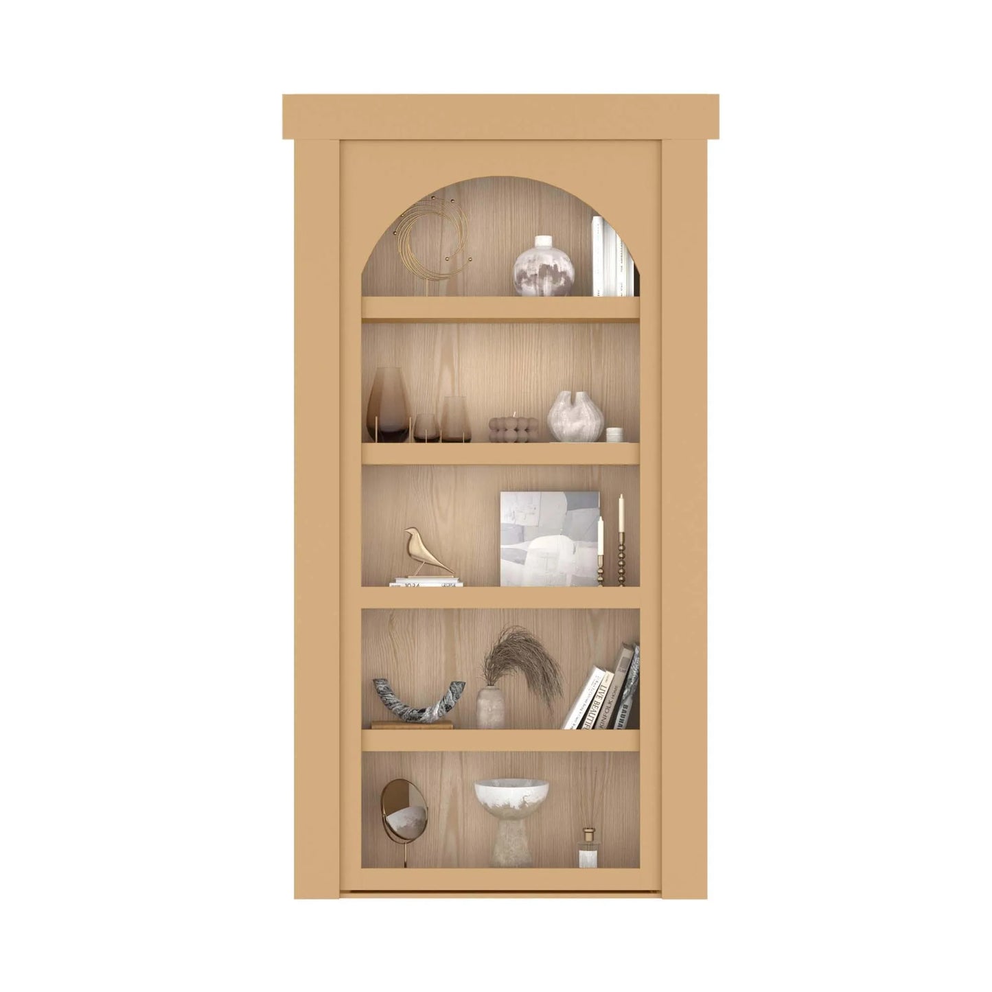 Murphy Door® wooden bookcase with arched top in light beige, displaying decorative vases, books, and home accents on natural wood shelves.