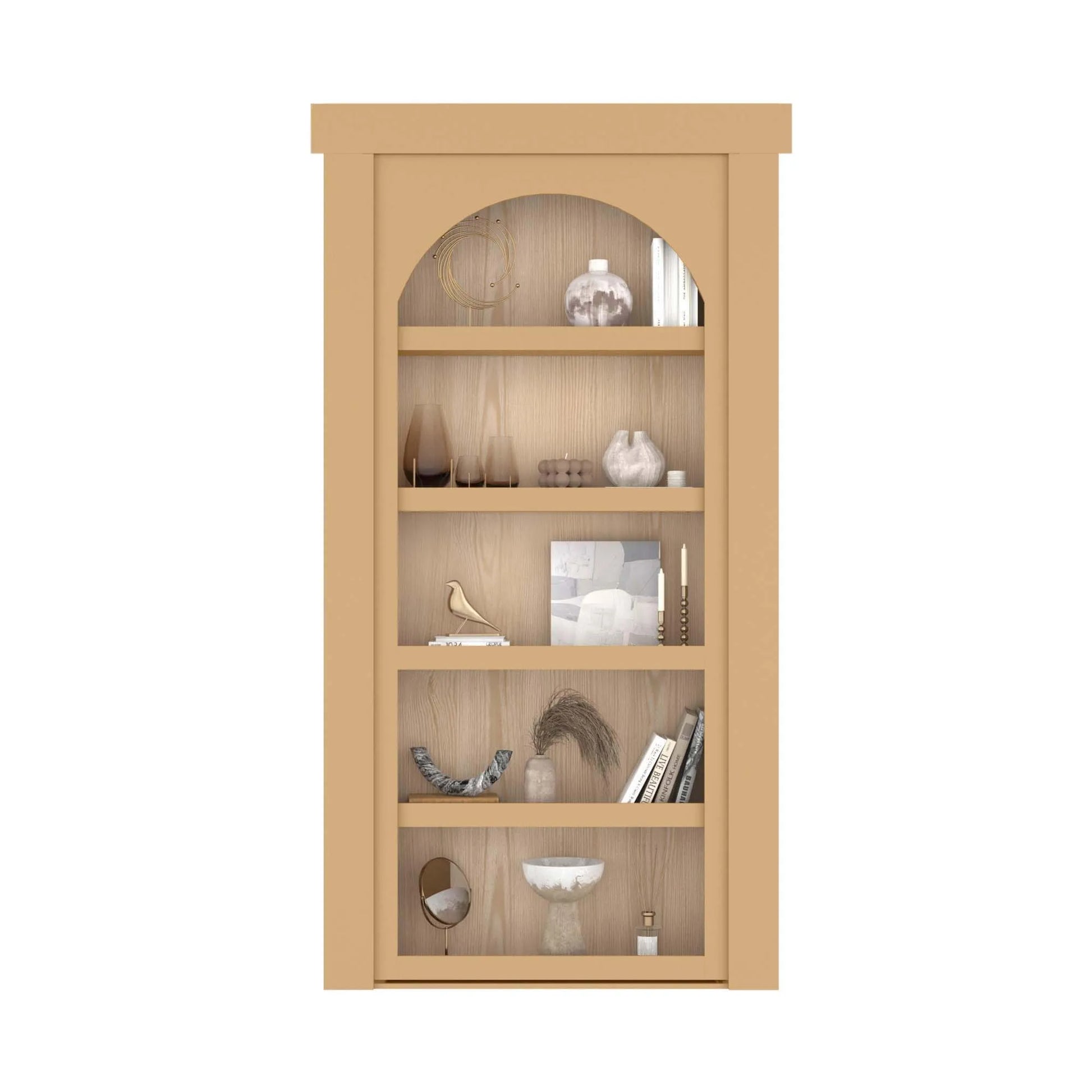 Murphy Door® wooden bookcase with arched top in light beige, displaying decorative vases, books, and home accents on natural wood shelves.