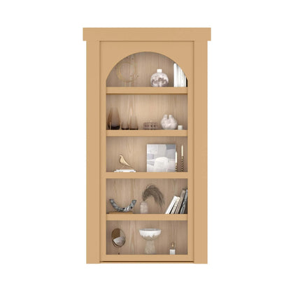 Murphy Door® wooden bookcase with arched top in light beige, displaying decorative vases, books, and home accents on natural wood shelves.