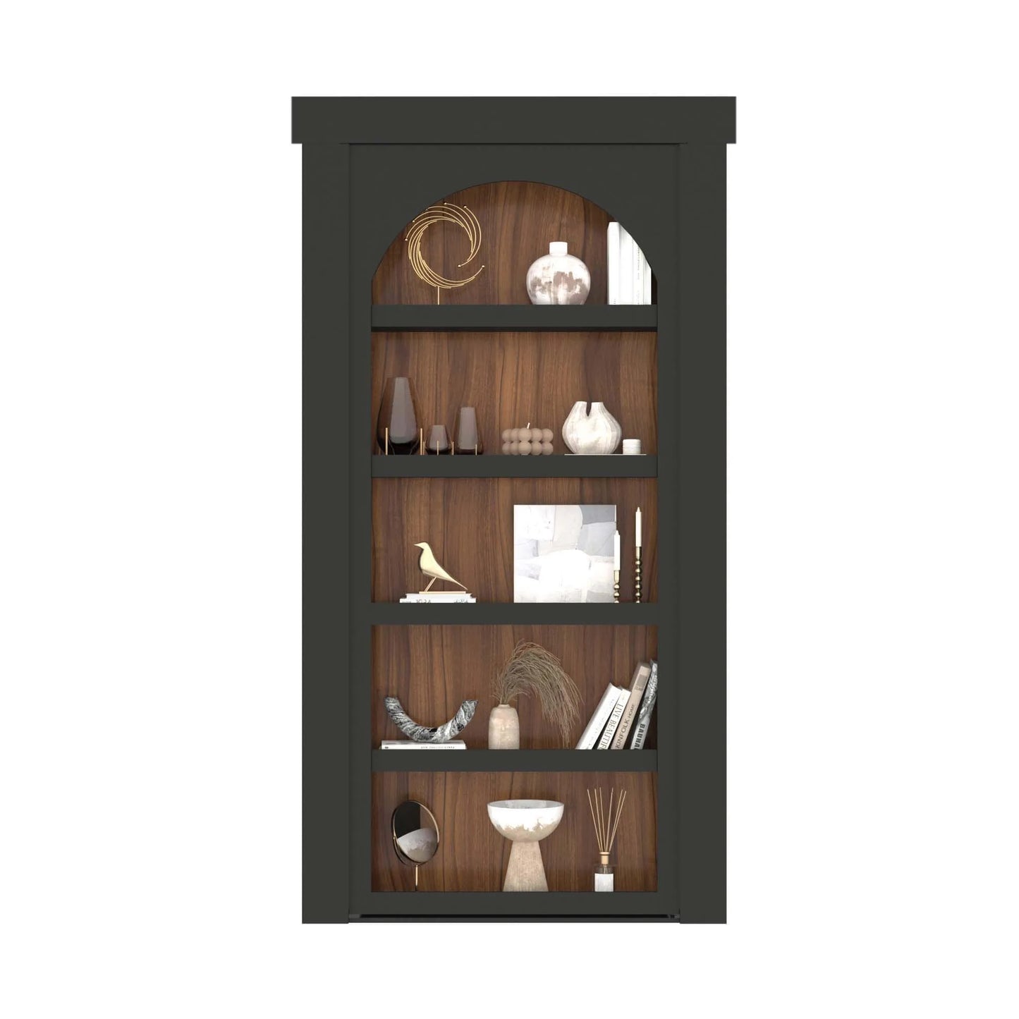 Murphy Door® bookcase with dark frame, wooden back panel, and decorative items on shelves including vases, books and small sculptures.