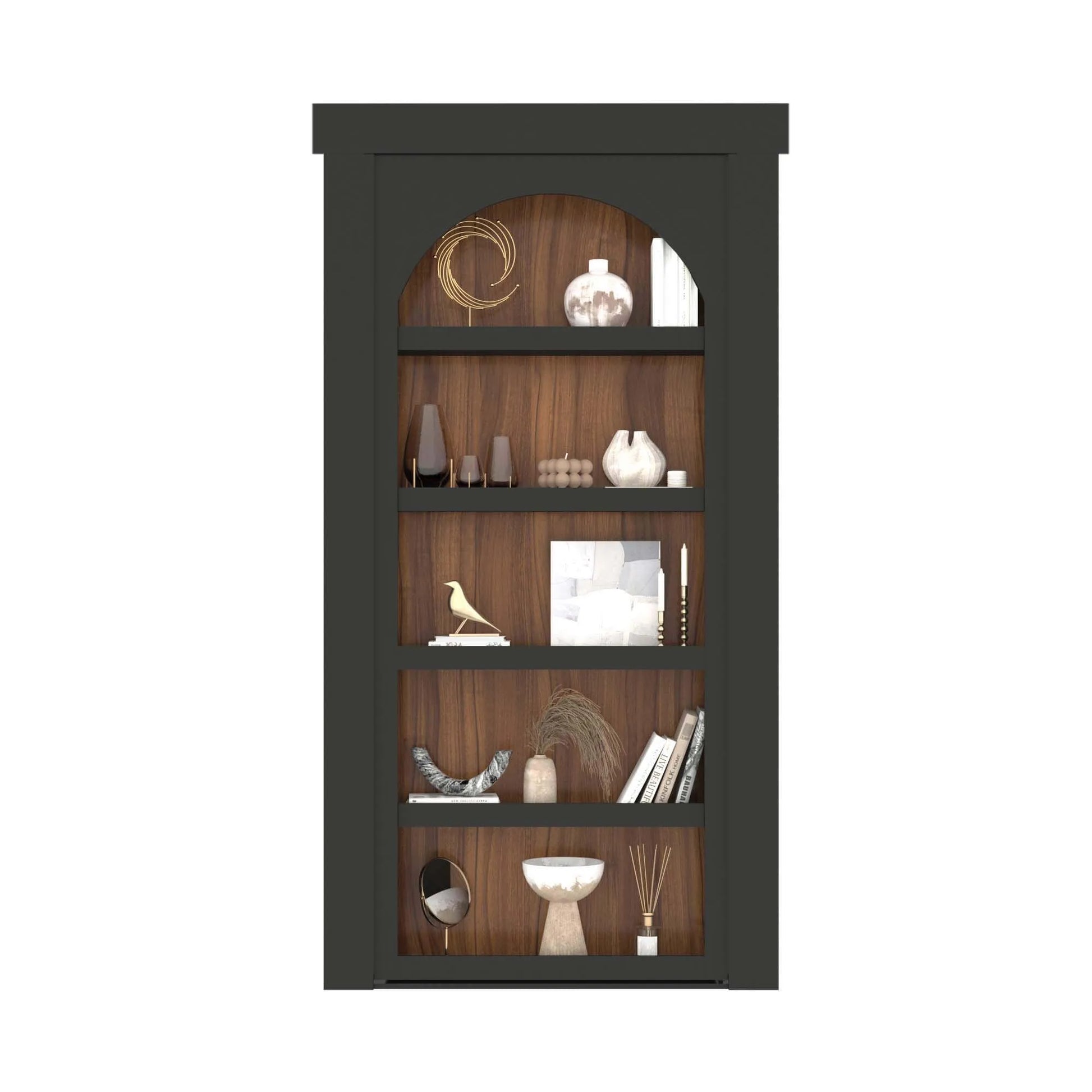 Murphy Door® bookcase with dark frame, wooden back panel, and decorative items on shelves including vases, books and small sculptures.