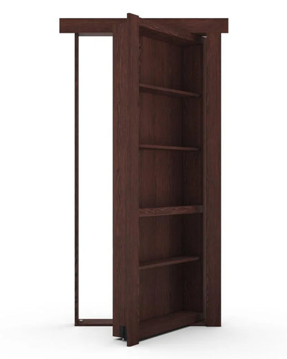 Murphy Door® bookcase hidden door in dark wood finish with five shelves, shown partially open as a secret passage.