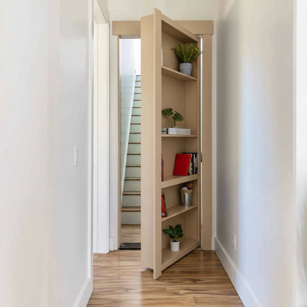 Paint Grade MDF / Unfinished finish variation for Murphy Door® bookcase hidden door in dark wood, partially open to reveal stairs, with decorative plants and books on shelves.