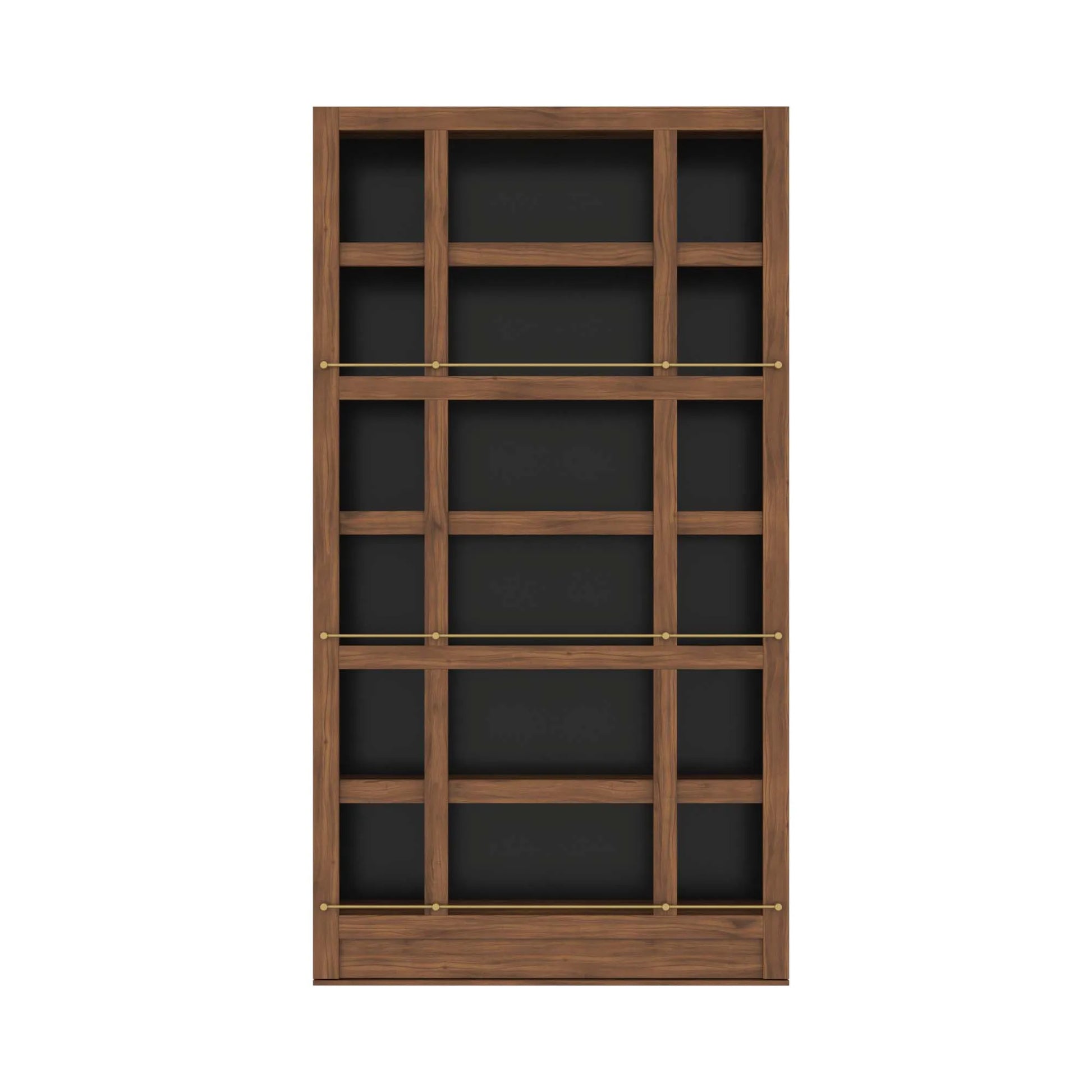 Murphy Door® wooden bookcase with walnut finish, black backing, and brass rails. Features three sections of shelving for hidden door storage.
