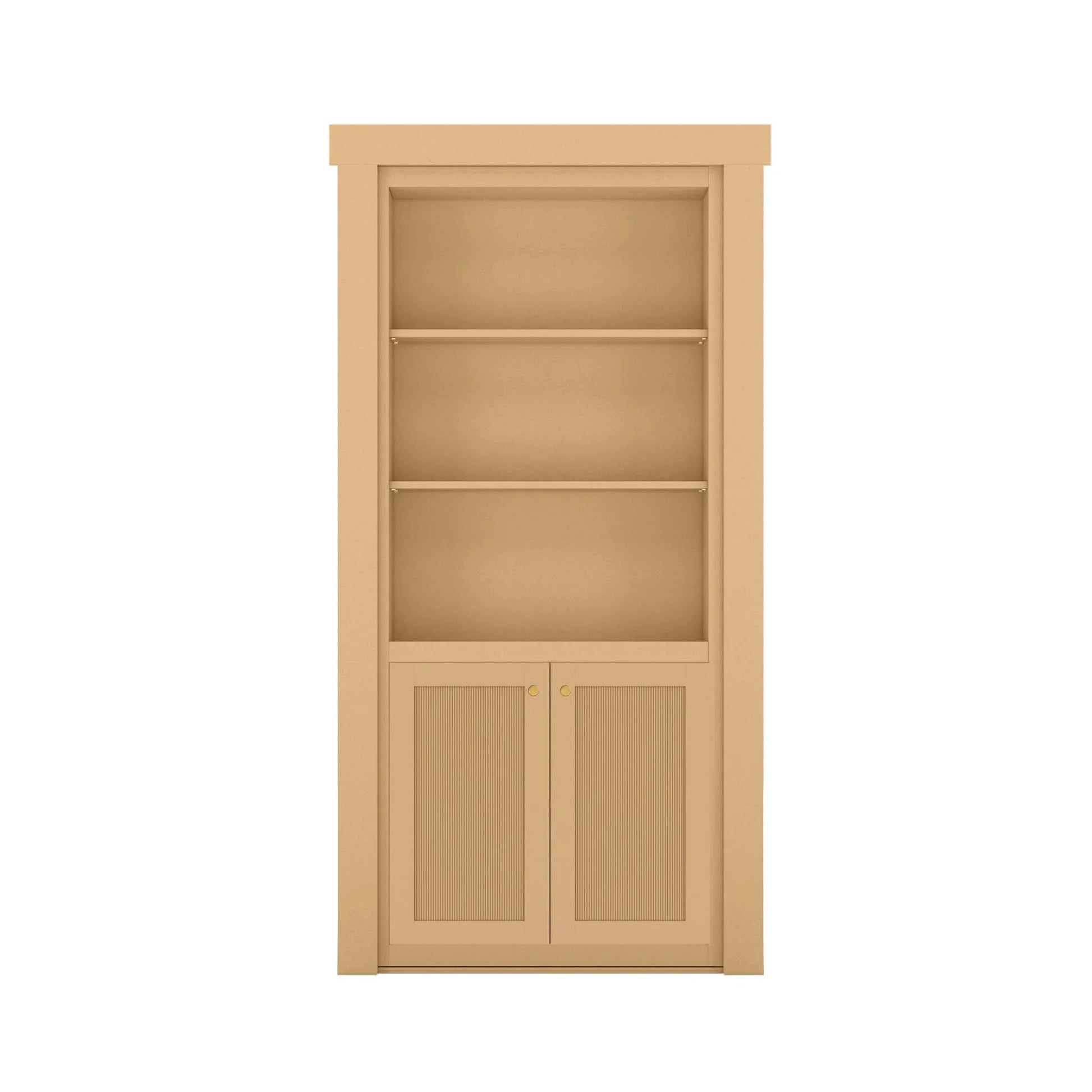 Murphy Door® wooden bookcase with light beige finish, three open shelves, and two cabinet doors with ribbed panels and brass knobs.