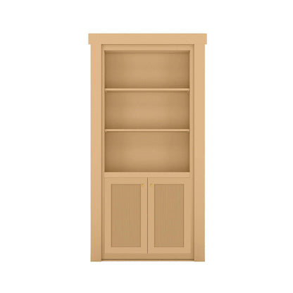Murphy Door® wooden bookcase with light beige finish, three open shelves, and two cabinet doors with ribbed panels and brass knobs.