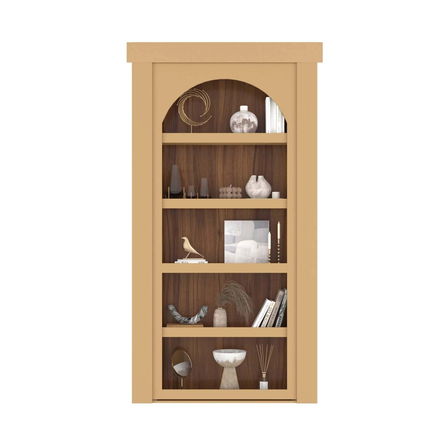 Murphy Door® bookcase with light wood frame, dark wood back panel, and decorative items on five shelves.
