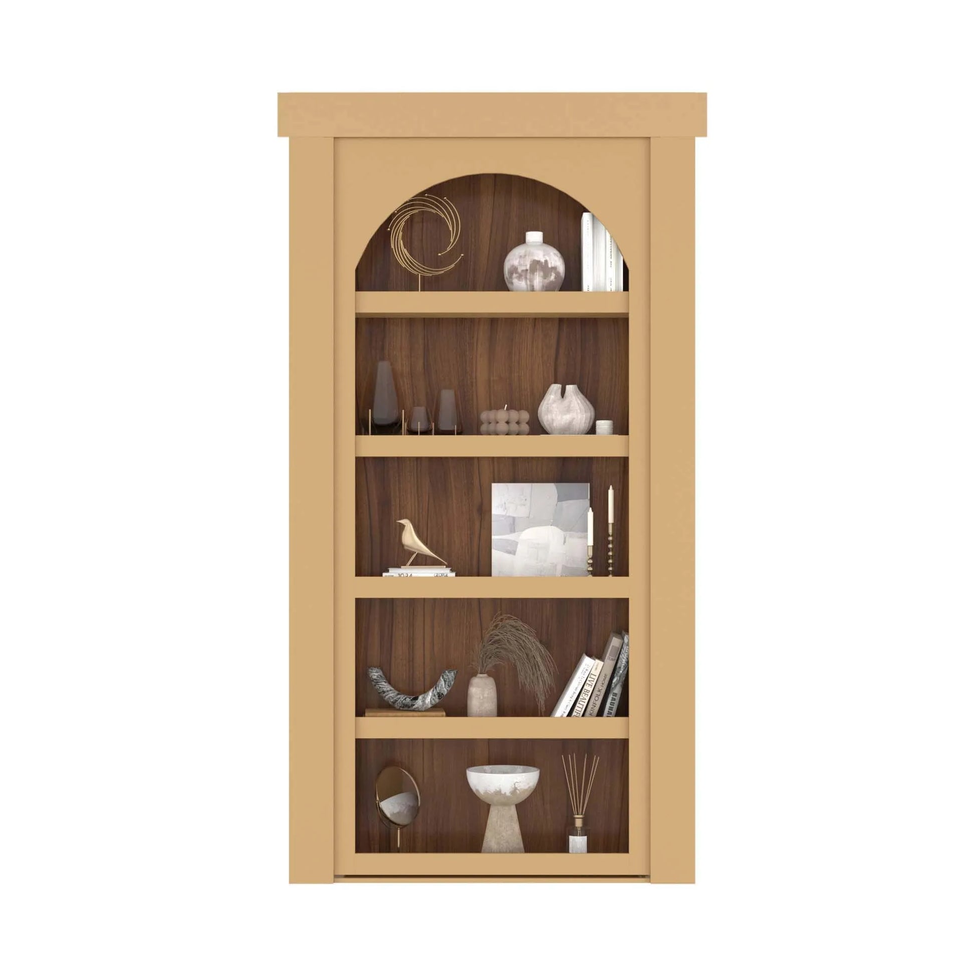 Murphy Door® bookcase with light wood frame, dark wood back panel, and decorative items on five shelves.