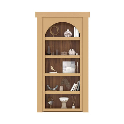 Murphy Door® bookcase with light wood frame, dark wood back panel, and decorative items on five shelves.