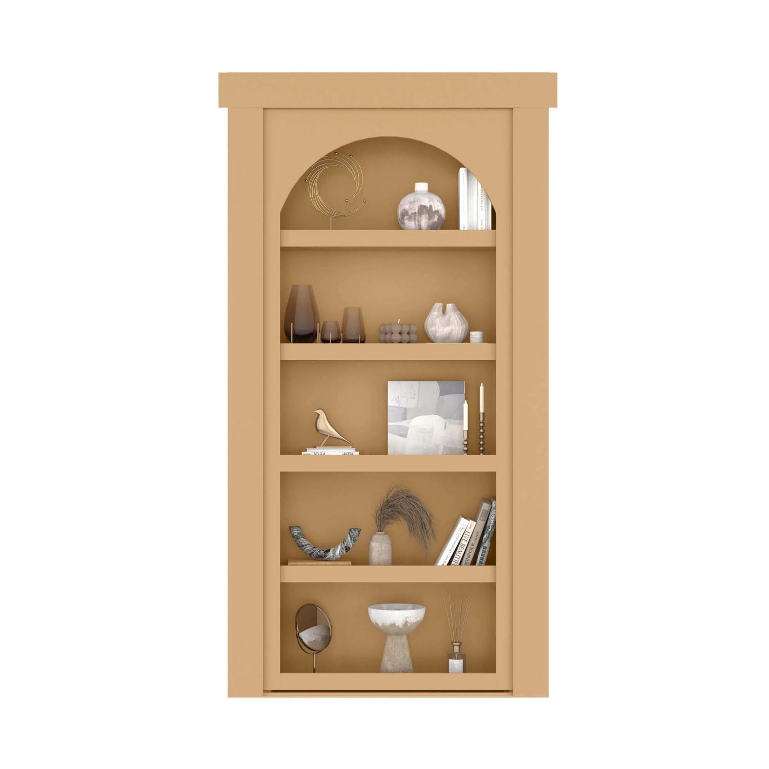 Murphy Door® bookcase in warm beige with arched top, displaying decorative vases, books, and minimalist decor items across five shelves.