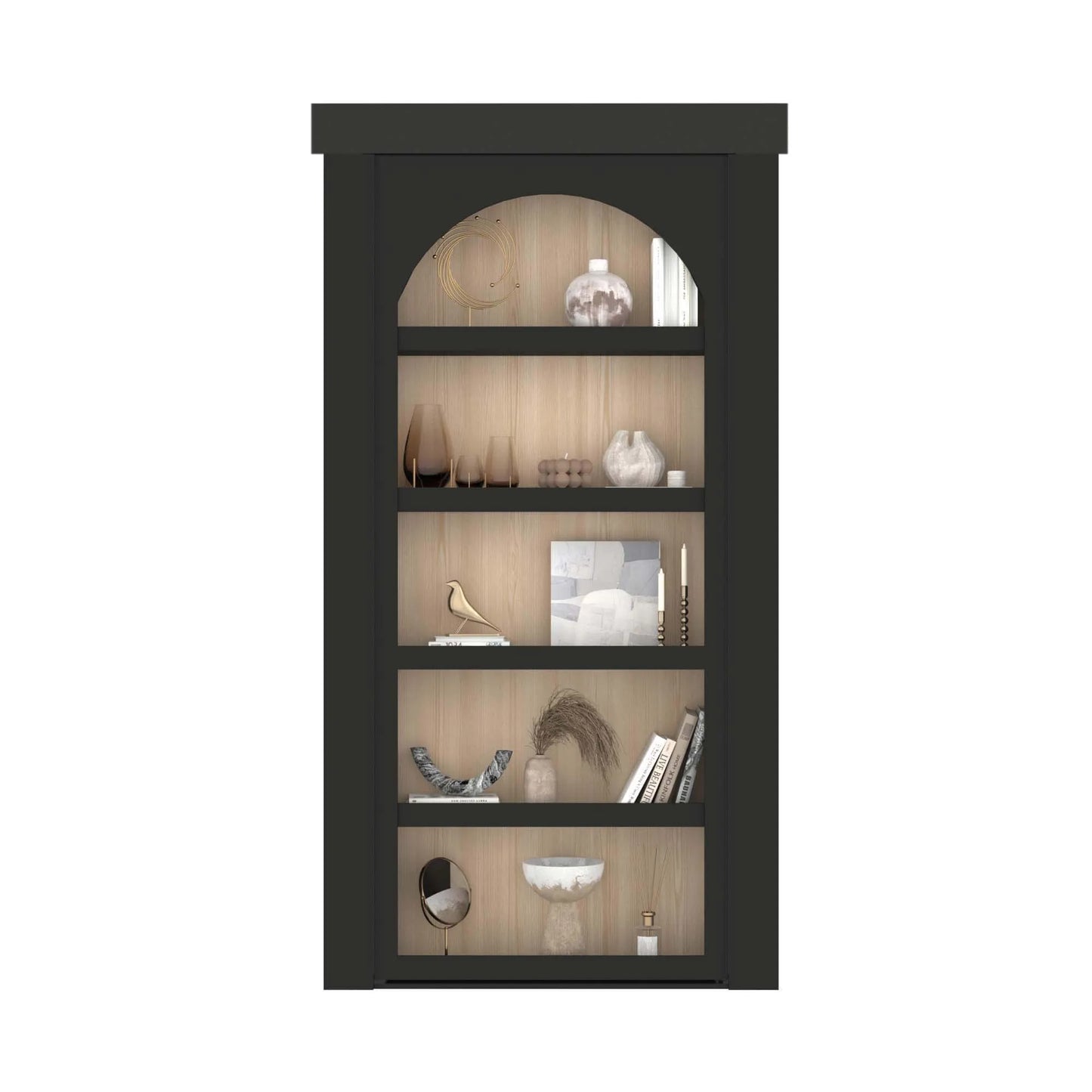 Murphy Door® bookshelf in black with light wood interior, featuring decorative vases, books, and ornaments on five styled shelves.