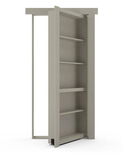 Murphy Door® bookshelf hidden door in light gray with five adjustable shelves, shown partially open on a pivot mechanism.
