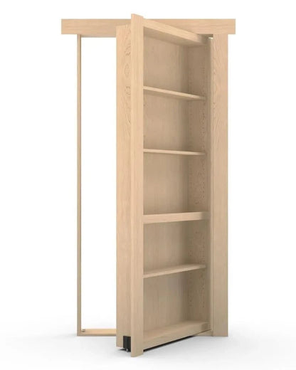 Murphy Door® bookshelf hidden door in light oak wood with five adjustable shelves, shown partially open on concealed hinges.
