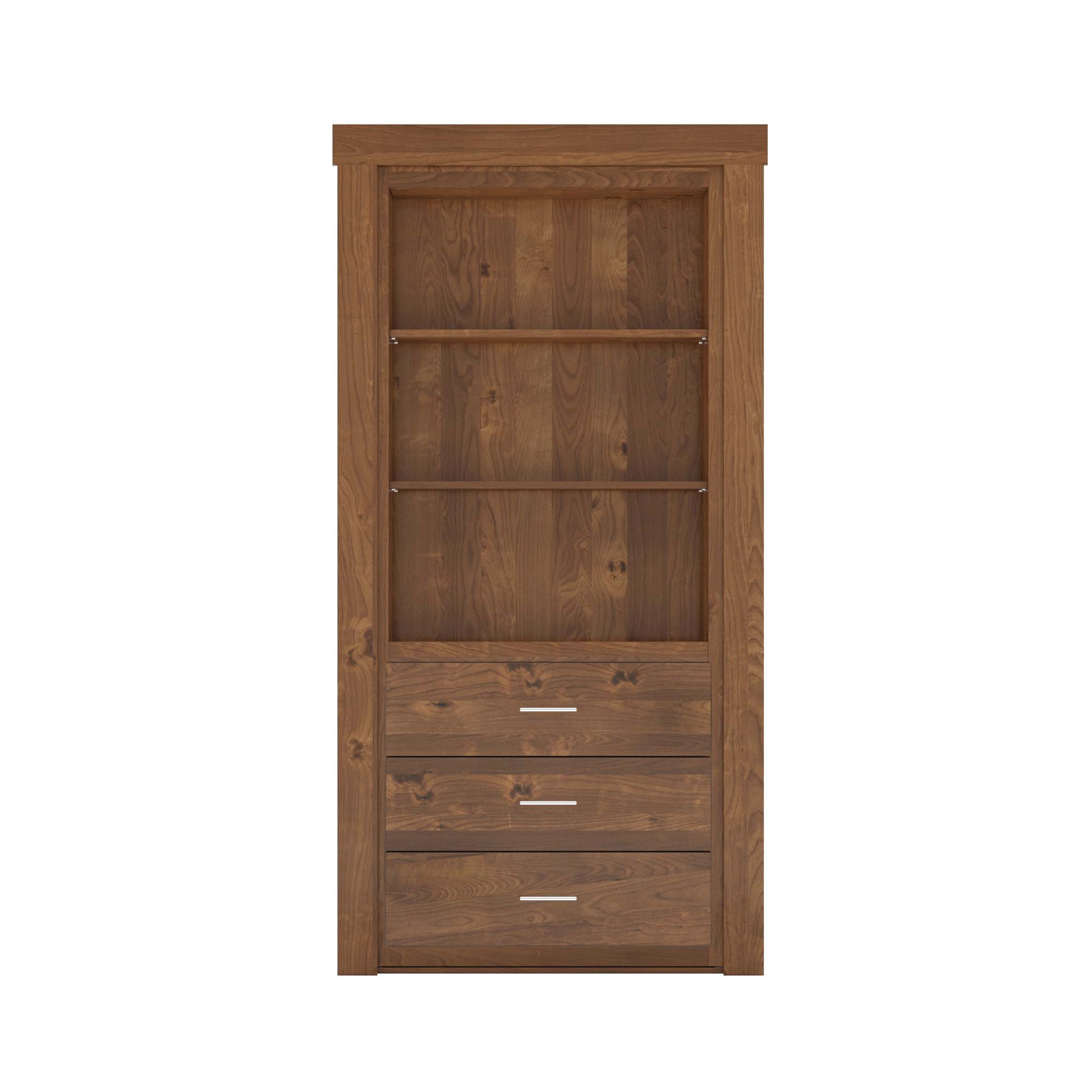 Murphy Door® brown wood hidden storage cabinet with 2 shelves & 3 drawers with silver handles.