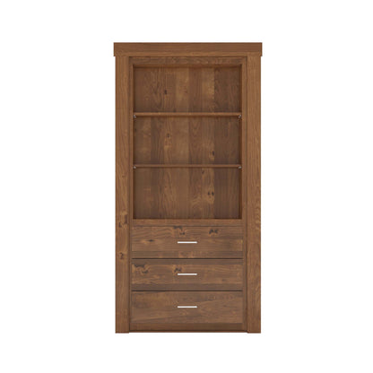 Murphy Door® brown wood hidden storage cabinet with 2 shelves & 3 drawers with silver handles.