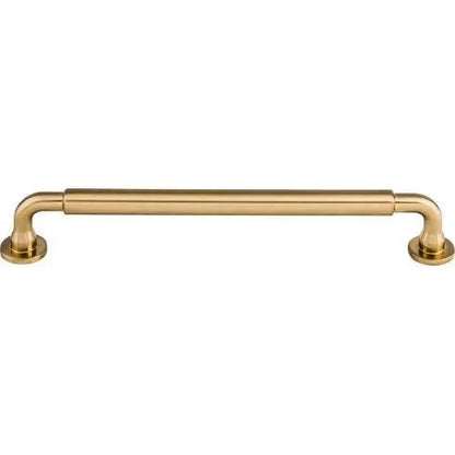 Murphy Door® brushed brass pull handle with a straight bar and curved, round mounts.