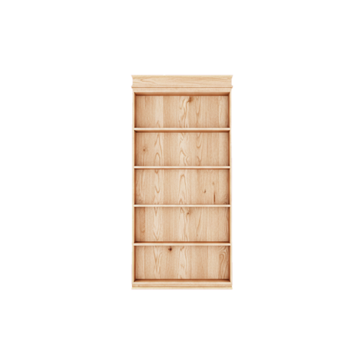 Your Shop classic natural wood bookcase with six empty shelves and decorative top molding.