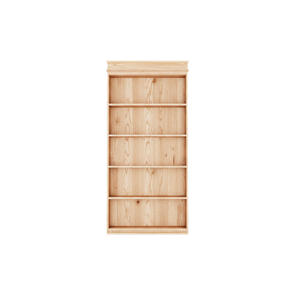 Your Shop classic natural wood bookcase with six empty shelves and decorative top molding.