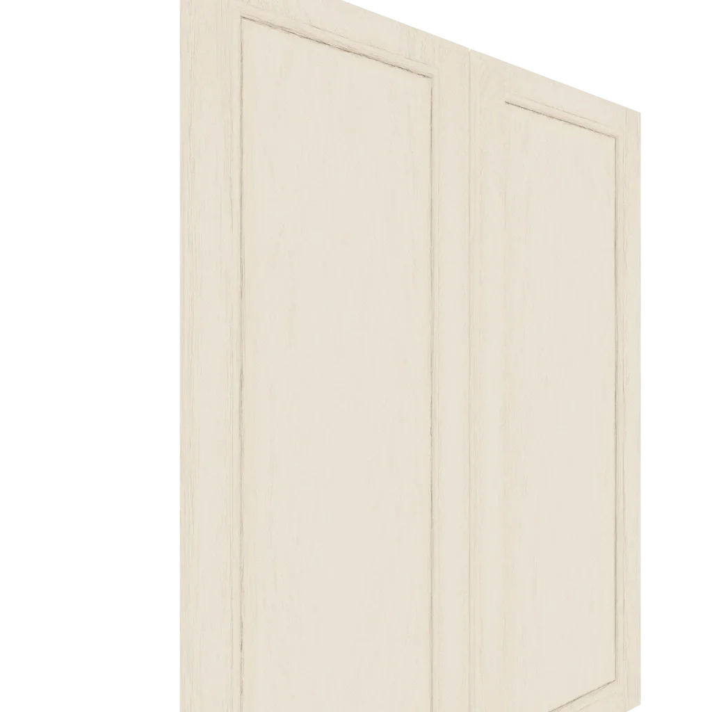 Two Upper Raised Panel Cabinet Doors with a light cream finish, showing wood grain and faint distressing