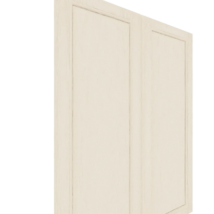 Two Upper Raised Panel Cabinet Doors with a light cream finish, showing wood grain and faint distressing
