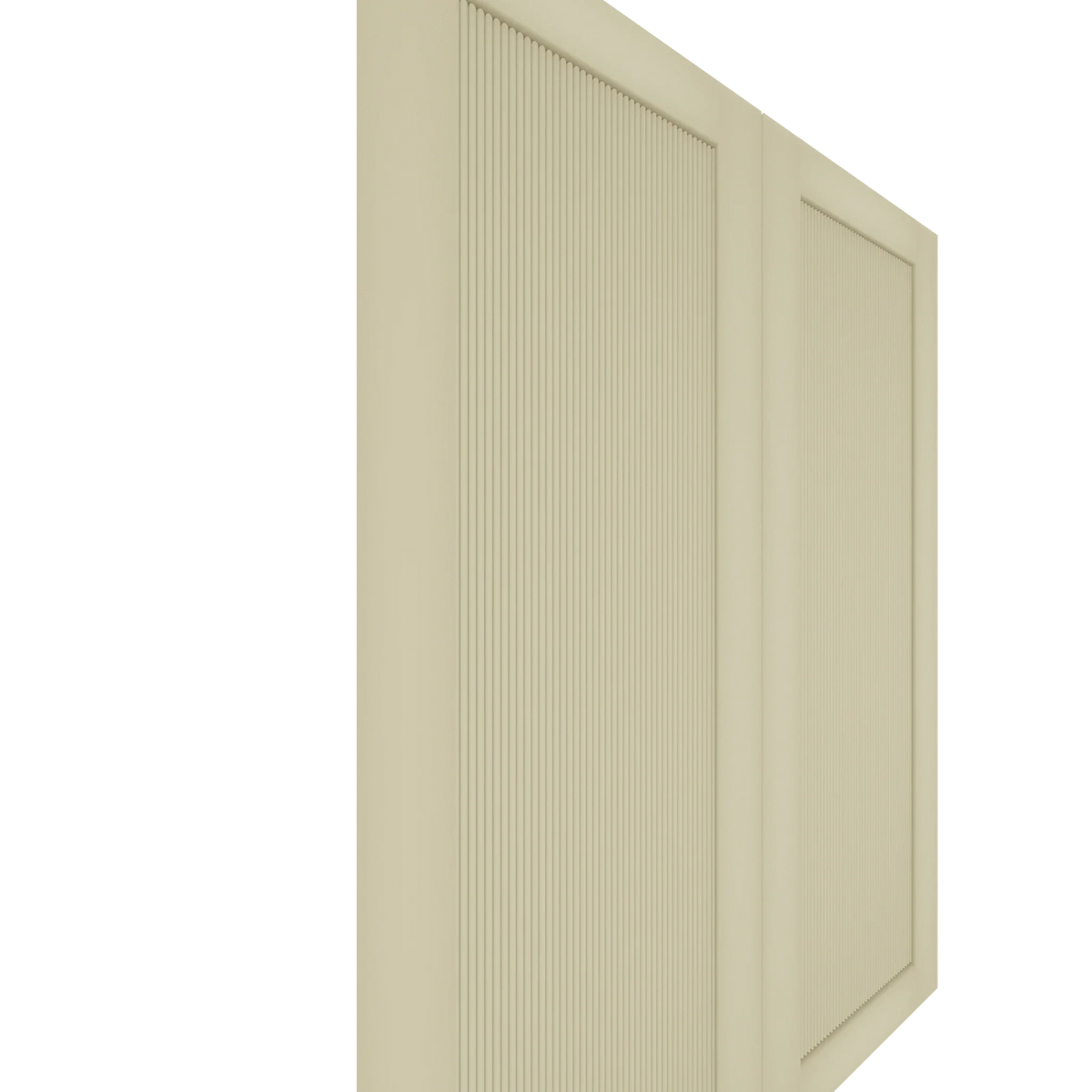 Angled view of two light cream cabinet door panels with vertical fluting