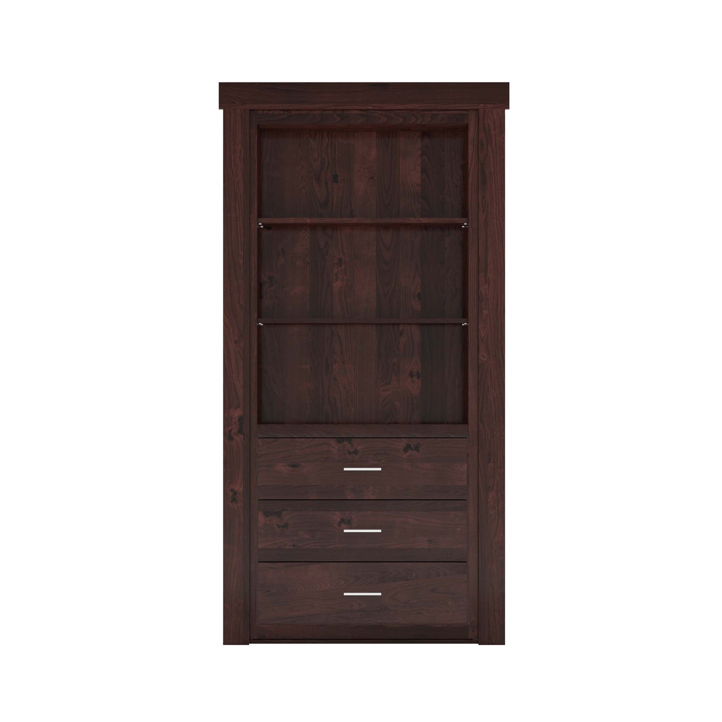 Dark brown wooden Murphy Door® hidden bookcase door with two shelves and three drawers.
