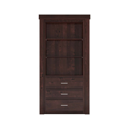 Dark brown wooden Murphy Door® hidden bookcase door with two shelves and three drawers.