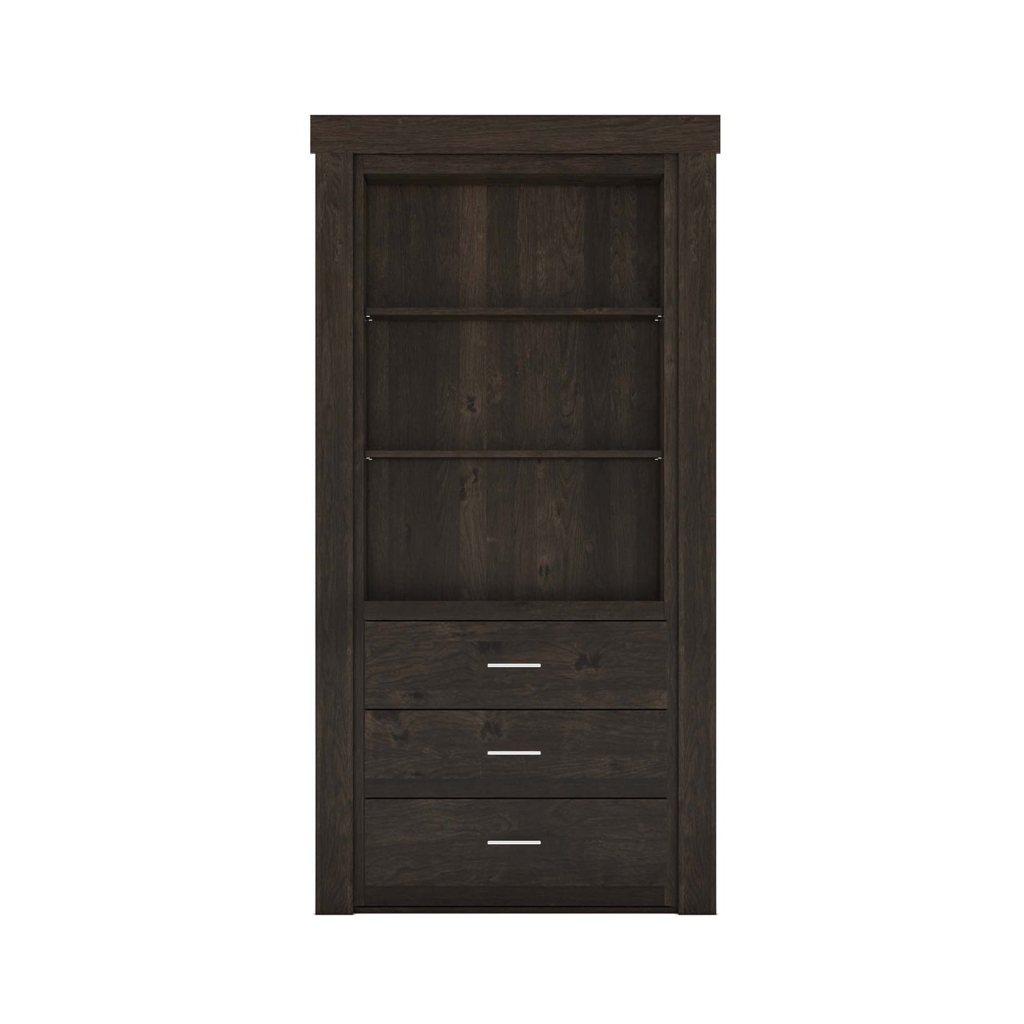 Murphy Door® dark brown hidden door bookcase with 2 open shelves & 3 drawers with modern handles.