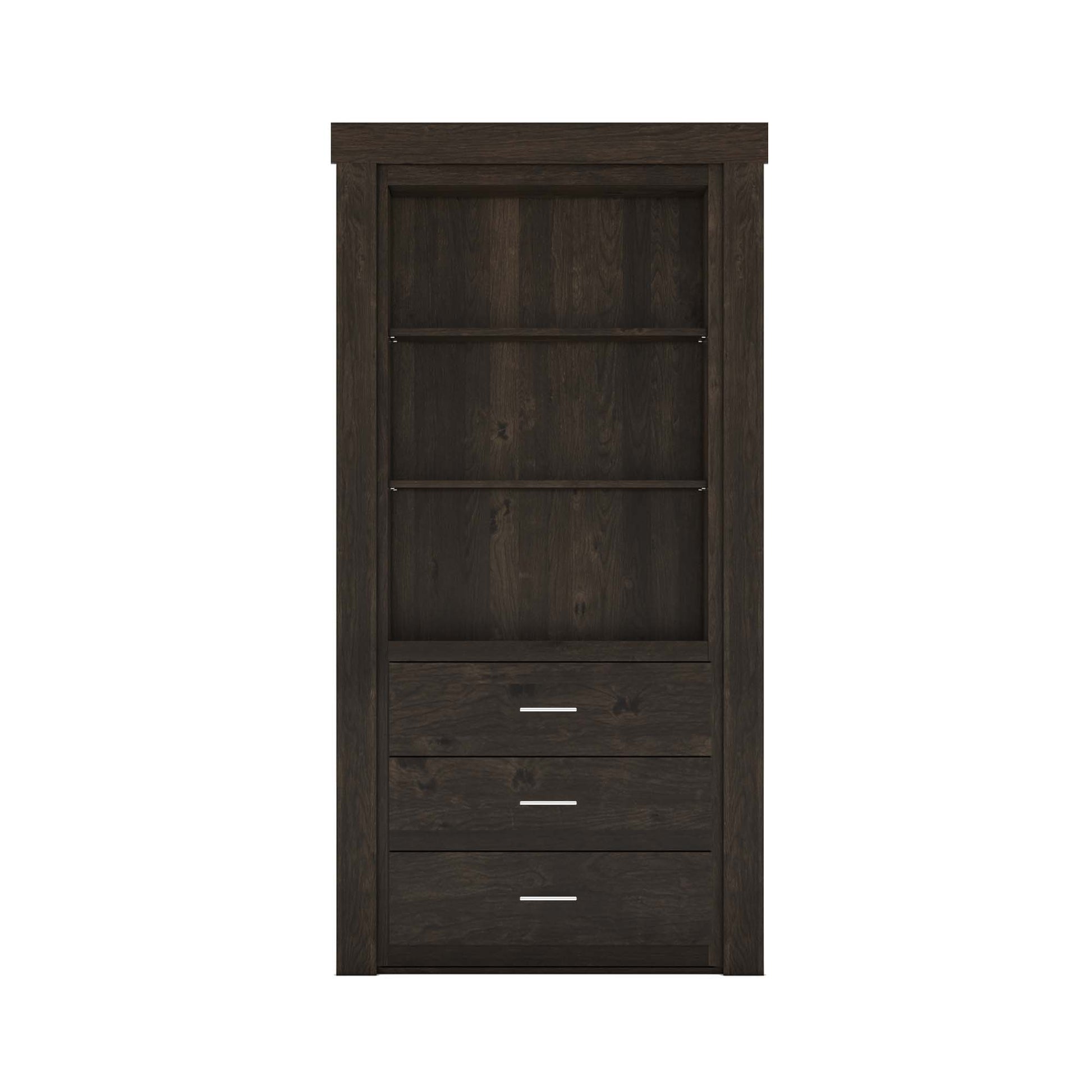 Murphy Door® dark brown hidden door bookcase with 2 open shelves & 3 drawers with modern handles.