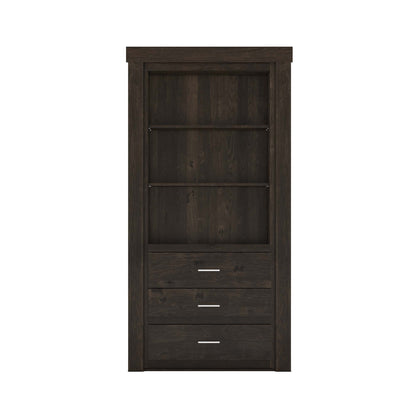 Murphy Door® dark brown hidden door bookcase with 2 open shelves & 3 drawers with modern handles.