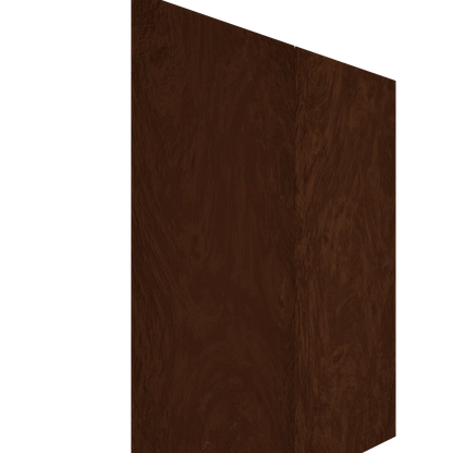 Upper inset slab cabinet door in dark brown wood veneer with visible grain