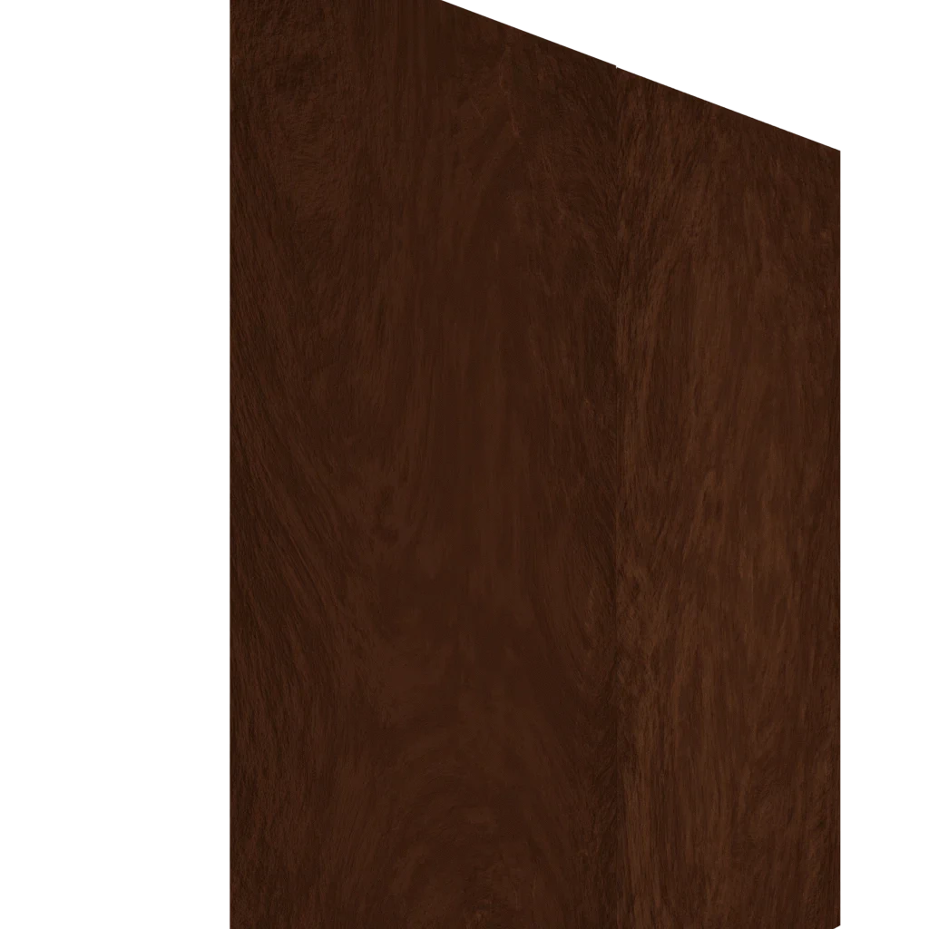 Dark brown veneered upper slab cabinet door with visible wood grain