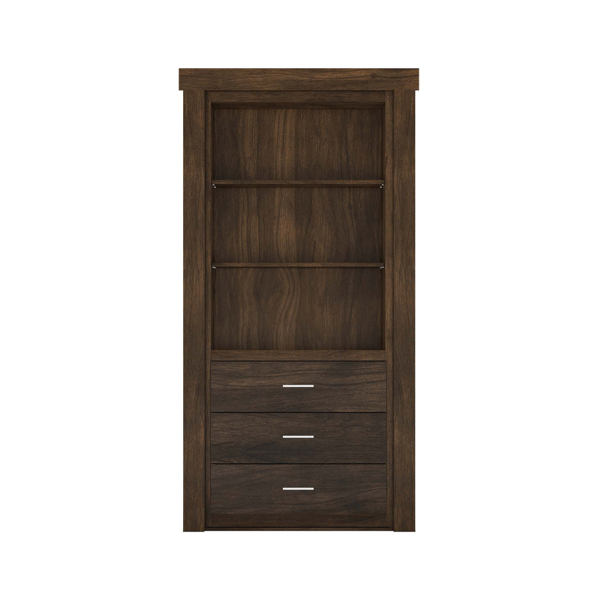 Murphy Door® dark brown wood hidden bookcase door with 3 open shelves & 3 drawers.