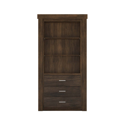 Murphy Door® dark brown wood hidden bookcase door with 3 open shelves & 3 drawers.