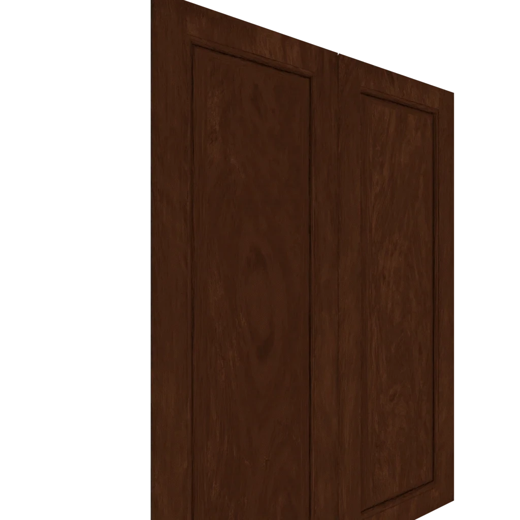 Angled view of two dark brown Upper Inset Raised Panel cabinet doors with distinct wood grain